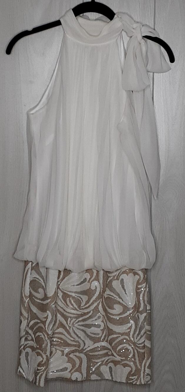 Cache Cocktail Party Mini Dress Size Medium White Tan Silver Side Neck Tie